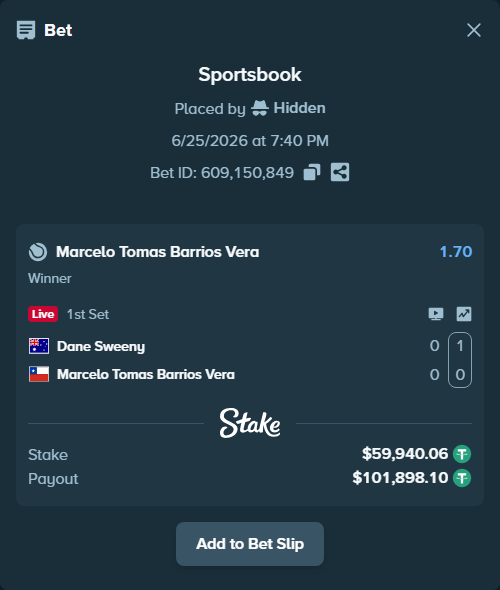Bet slip: Dane Sweeny - Marcelo Tomas Barrios Vera, $60,000.00 stake at 1.70 odds, placed by Hidden