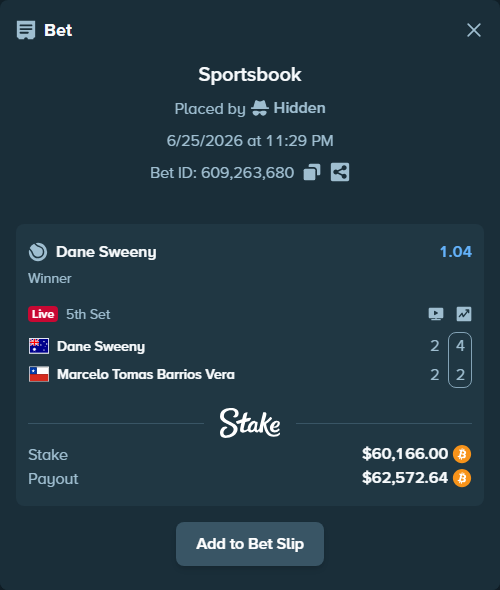 Bet slip: Dane Sweeny - Marcelo Tomas Barrios Vera, $61,550.61 stake at 1.04 odds, placed by Hidden