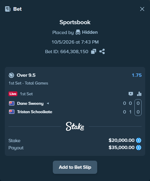 Bet slip: Dane Sweeny - Tristan Schoolkate, $20,000.00 stake at 1.75 odds, placed by Hidden