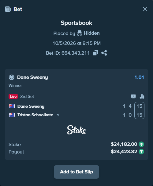 Bet slip: Dane Sweeny - Tristan Schoolkate, $24,182.00 stake at 1.01 odds, placed by Hidden