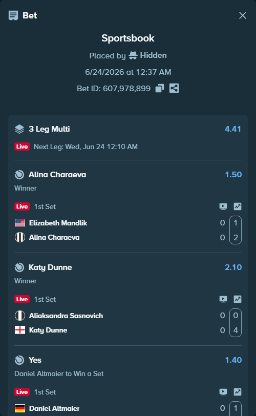 Bet slip: Daniel Altmaier - Aleksandar Kovacevic, $12,500.00 stake at 1.40 odds, placed by Hidden