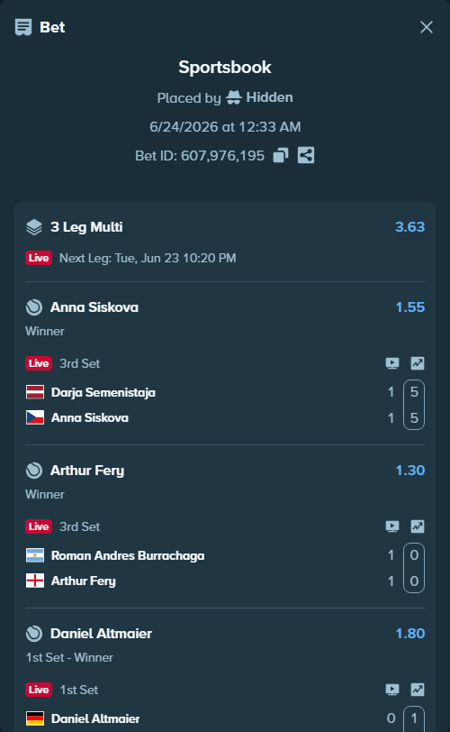 Bet slip: Daniel Altmaier - Aleksandar Kovacevic, $71,071.00 stake at 1.80 odds, placed by Hidden