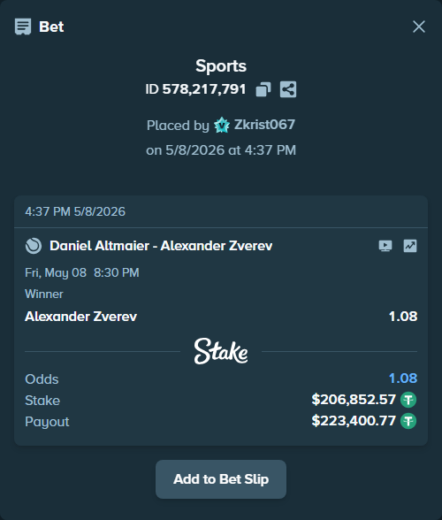 Bet slip: Daniel Altmaier - Alexander Zverev, $206,852.57 stake at 1.08 odds, placed by Zkrist067