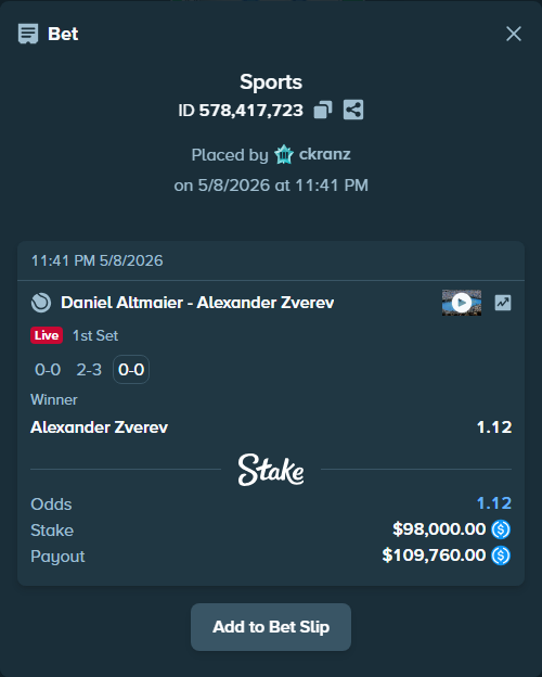 Bet slip: Daniel Altmaier - Alexander Zverev, $98,000.00 stake at 1.12 odds, placed by ckranz