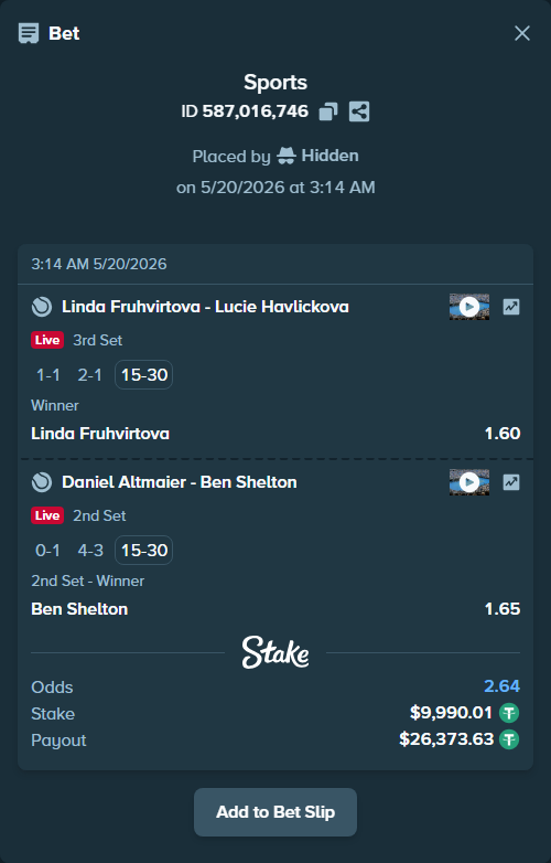Bet slip: Daniel Altmaier - Ben Shelton, $10,000.00 stake at 1.65 odds, placed by Hidden