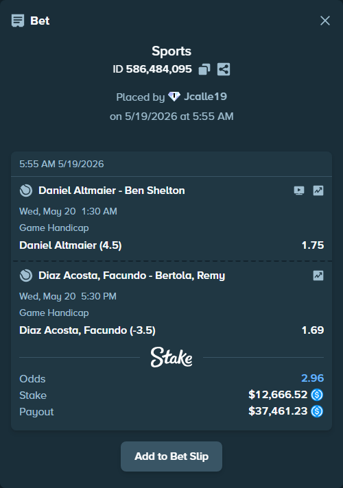 Bet slip: Daniel Altmaier - Ben Shelton, $12,666.52 stake at 1.75 odds, placed by Jcalle19