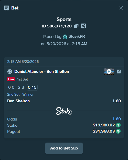 Bet slip: Daniel Altmaier - Ben Shelton, $20,000.00 stake at 1.60 odds, placed by SlavikPR