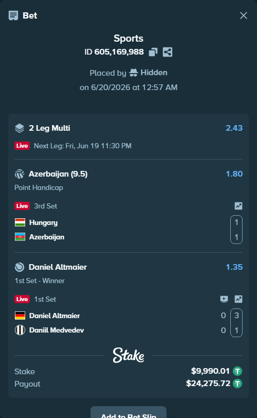 Bet slip: Daniel Altmaier - Daniil Medvedev, $10,000.00 stake at 1.35 odds, placed by Hidden