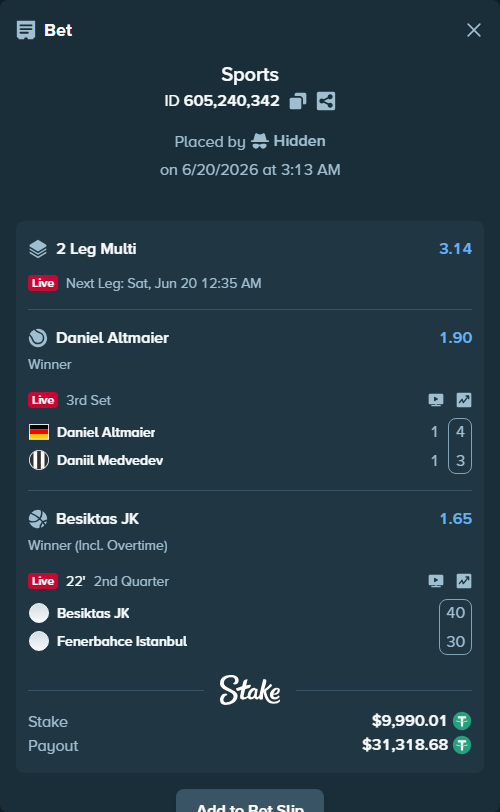 Bet slip: Daniel Altmaier - Daniil Medvedev, $10,000.00 stake at 1.90 odds, placed by Hidden