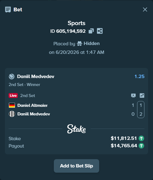 Bet slip: Daniel Altmaier - Daniil Medvedev, $11,824.32 stake at 1.25 odds, placed by Hidden