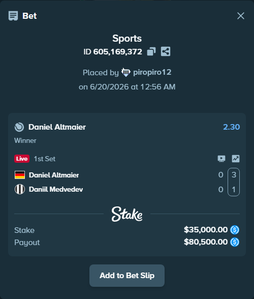 Bet slip: Daniel Altmaier - Daniil Medvedev, $35,000.00 stake at 2.30 odds, placed by piropiro12