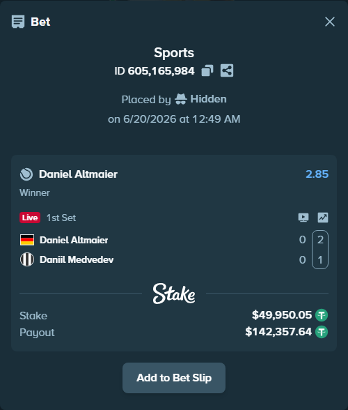 Bet slip: Daniel Altmaier - Daniil Medvedev, $50,000.00 stake at 2.85 odds, placed by Hidden