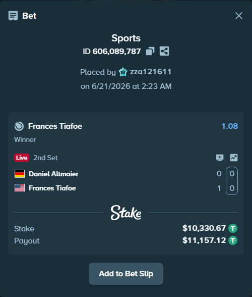 Bet slip: Daniel Altmaier - Frances Tiafoe, $10,341.00 stake at 1.08 odds, placed by zza121611