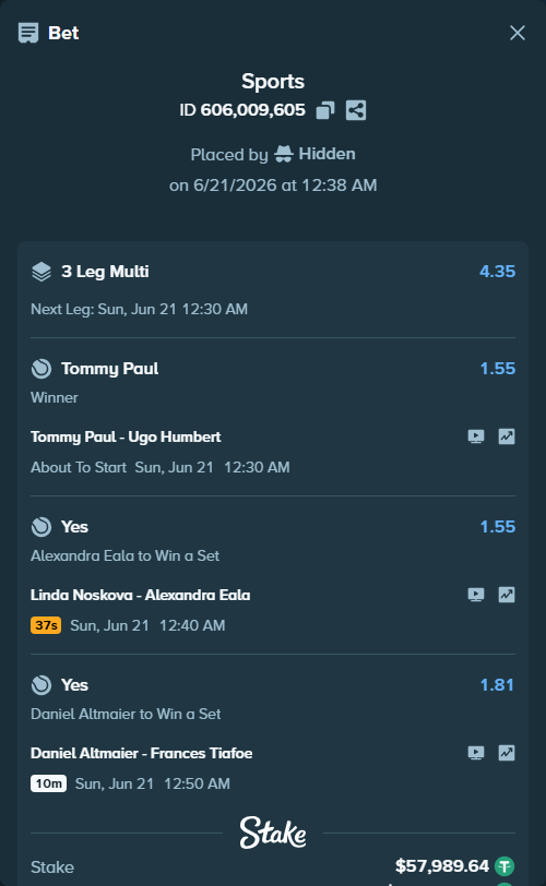 Bet slip: Daniel Altmaier - Frances Tiafoe, $58,047.63 stake at 1.81 odds, placed by Hidden