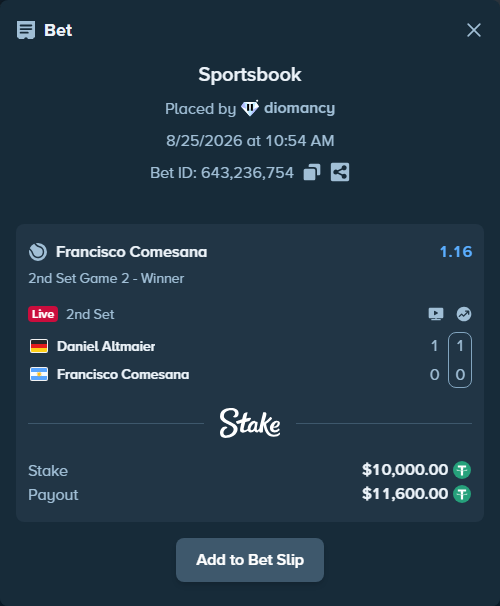 Bet slip: Daniel Altmaier - Francisco Comesana, $10,000.00 stake at 1.16 odds, placed by diomancy