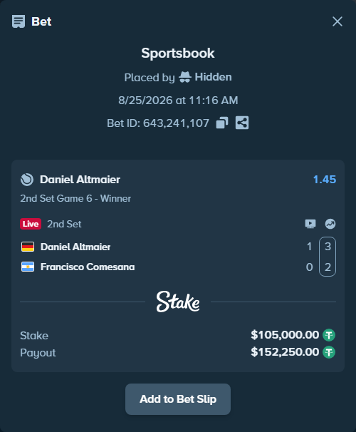 Bet slip: Daniel Altmaier - Francisco Comesana, $105,000.00 stake at 1.45 odds, placed by Hidden