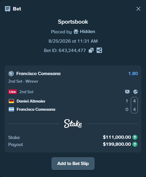 Bet slip: Daniel Altmaier - Francisco Comesana, $111,000.00 stake at 1.80 odds, placed by Hidden
