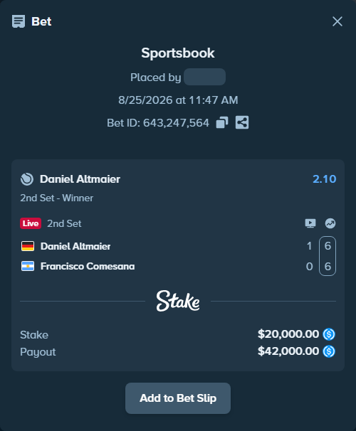 Bet slip: Daniel Altmaier - Francisco Comesana, $20,000.00 stake at 2.10 odds, placed by privetmedvet15