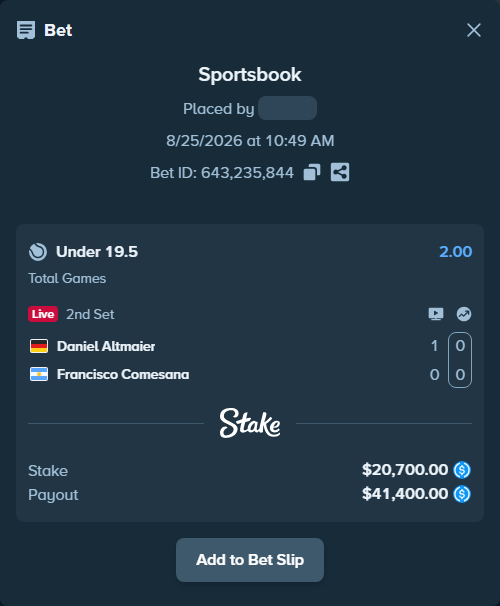 Bet slip: Daniel Altmaier - Francisco Comesana, $20,700.00 stake at 2.00 odds, placed by privetmedvet15