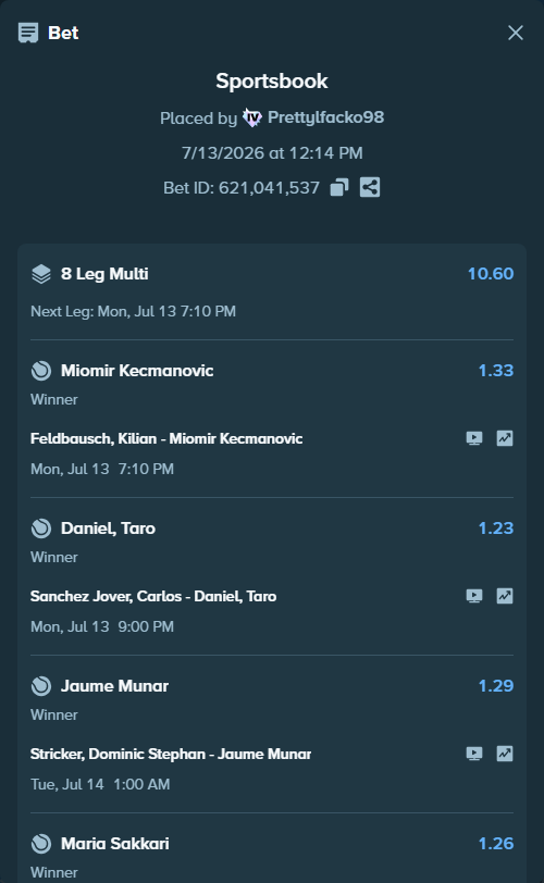 Bet slip: Daniel Altmaier - Hugo Gaston, $19,139.57 stake at 1.63 odds, placed by Prettylfacko98