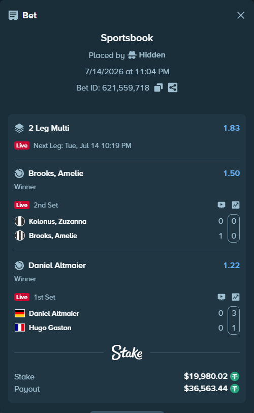 Bet slip: Daniel Altmaier - Hugo Gaston, $20,000.00 stake at 1.22 odds, placed by Hidden