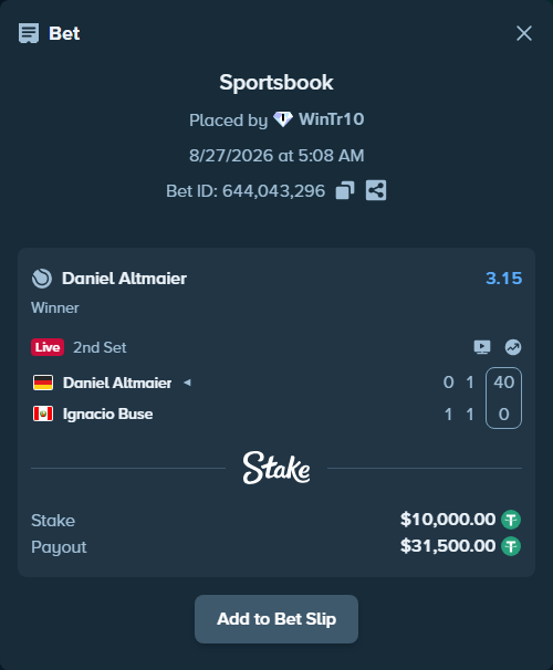 Bet slip: Daniel Altmaier - Ignacio Buse, $10,000.00 stake at 3.15 odds, placed by WinTr10