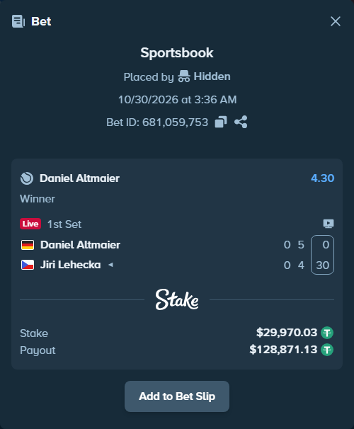 Bet slip: Daniel Altmaier - Jiri Lehecka, $30,000.00 stake at 4.30 odds, placed by Hidden