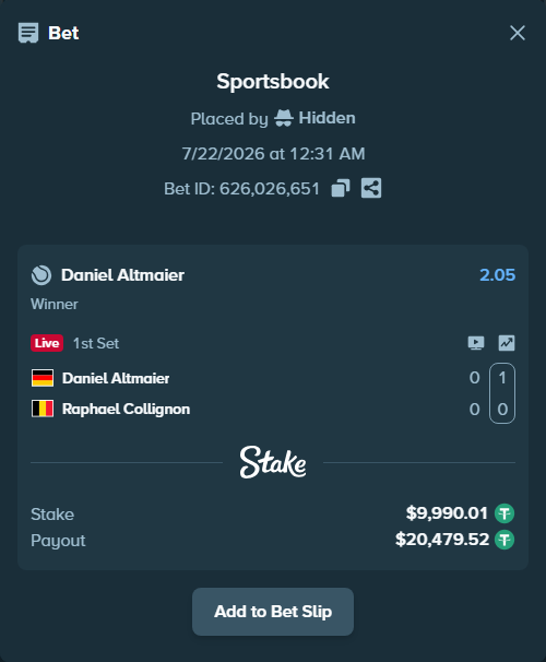 Bet slip: Daniel Altmaier - Raphael Collignon, $10,000.00 stake at 2.05 odds, placed by Hidden
