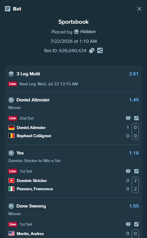 Bet slip: Daniel Altmaier - Raphael Collignon, $10,000.00 stake at 1.45 odds, placed by Hidden