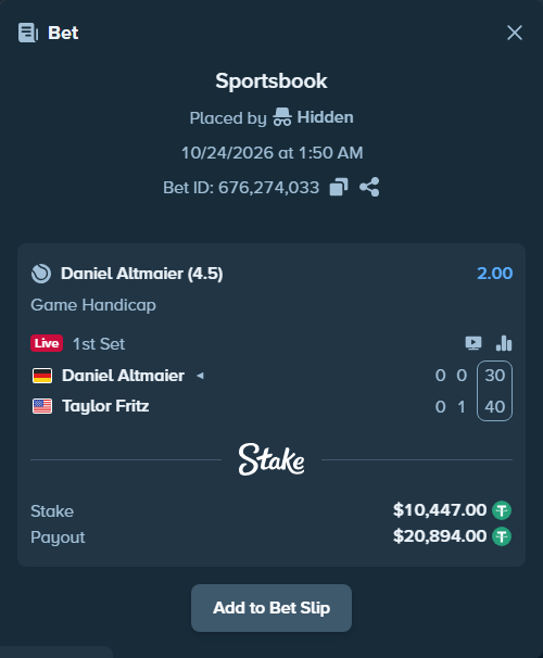 Bet slip: Daniel Altmaier - Taylor Fritz, $10,457.45 stake at 2.00 odds, placed by Hidden