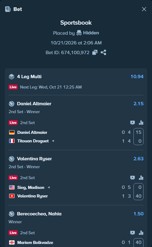 Bet slip: Daniel Altmaier - Titouan Droguet, $10,000.00 stake at 2.15 odds, placed by Hidden