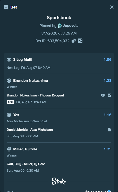Bet slip: Daniel Merida - Alex Michelsen, $14,010.00 stake at 1.16 odds, placed by Jupavelli