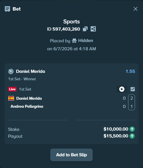 Bet slip: Daniel Merida - Andrea Pellegrino, $10,000.00 stake at 1.55 odds, placed by Kskyfall