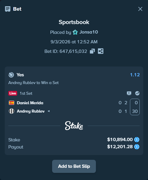 Bet slip: Daniel Merida - Andrey Rublev, $10,894.00 stake at 1.12 odds, placed by Jonsa10