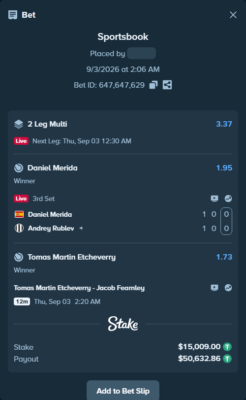 Bet slip: Daniel Merida - Andrey Rublev, $15,009.00 stake at 1.95 odds, placed by haroldfinchh