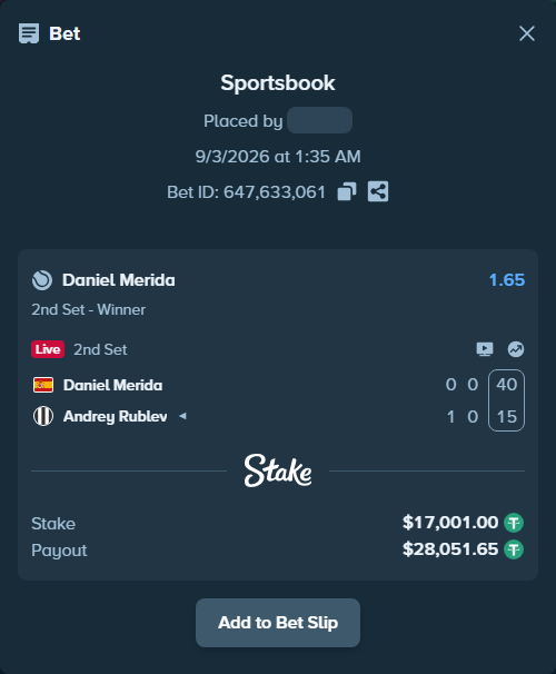 Bet slip: Daniel Merida - Andrey Rublev, $17,001.00 stake at 1.65 odds, placed by N1kolayts