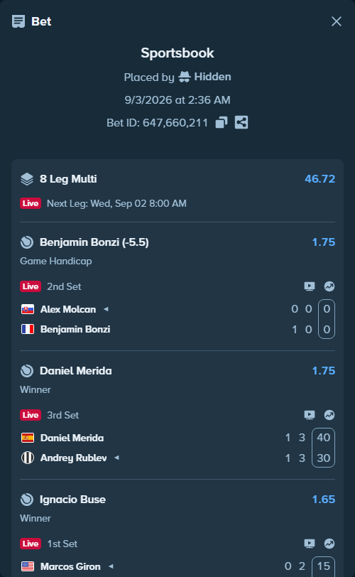 Bet slip: Daniel Merida - Andrey Rublev, $18,043.72 stake at 1.75 odds, placed by Hidden