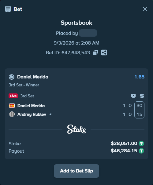 Bet slip: Daniel Merida - Andrey Rublev, $28,051.00 stake at 1.65 odds, placed by N1kolayts
