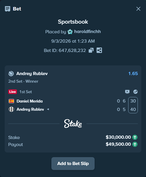 Bet slip: Daniel Merida - Andrey Rublev, $30,000.00 stake at 1.65 odds, placed by haroldfinchh
