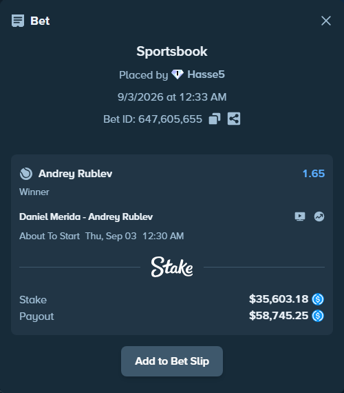 Bet slip: Daniel Merida - Andrey Rublev, $35,603.18 stake at 1.65 odds, placed by Hasse5