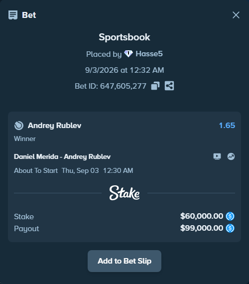 Bet slip: Daniel Merida - Andrey Rublev, $60,000.00 stake at 1.65 odds, placed by Hasse5