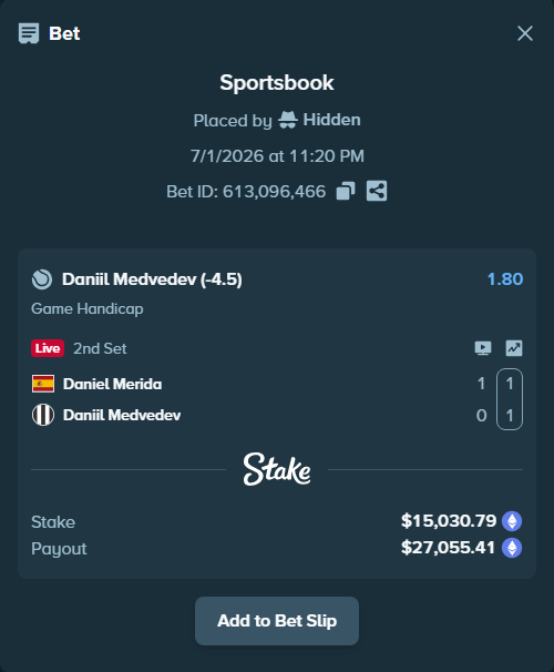 Bet slip: Daniel Merida - Daniil Medvedev, $17,073.21 stake at 1.80 odds, placed by Hidden