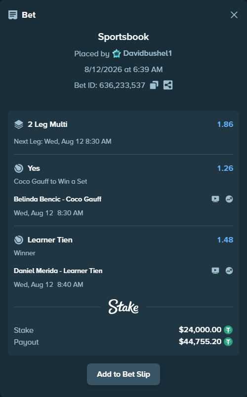 Bet slip: Daniel Merida - Learner Tien, $24,024.00 stake at 1.48 odds, placed by Davidbushel1