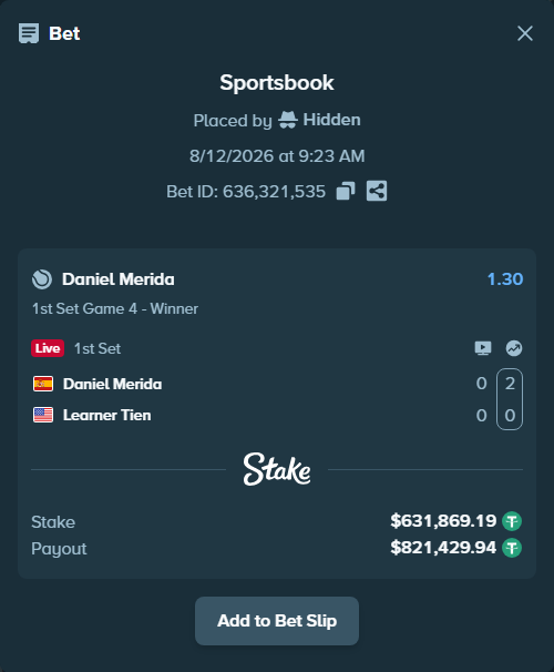 Bet slip: Daniel Merida - Learner Tien, $632,501.05 stake at 1.30 odds, placed by Hidden