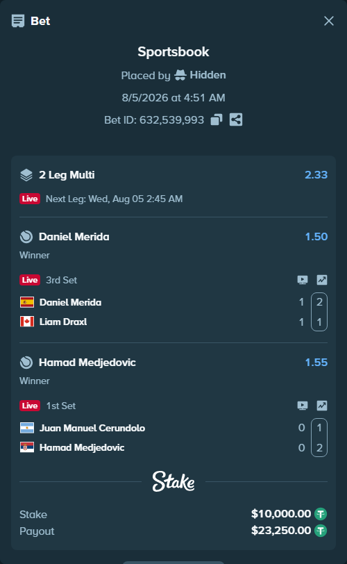 Bet slip: Daniel Merida - Liam Draxl, $10,010.00 stake at 1.50 odds, placed by Hidden