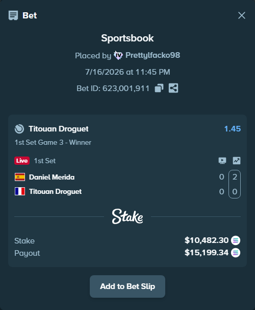 Bet slip: Daniel Merida - Titouan Droguet, $9,978.91 stake at 1.45 odds, placed by Prettylfacko98
