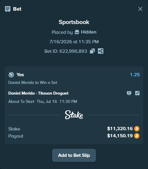 Bet slip: Daniel Merida - Titouan Droguet, $11,315.57 stake at 1.25 odds, placed by Hidden