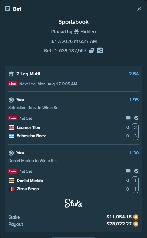 Bet slip: Daniel Merida - Zizou Bergs, $11,028.54 stake at 1.30 odds, placed by Hidden