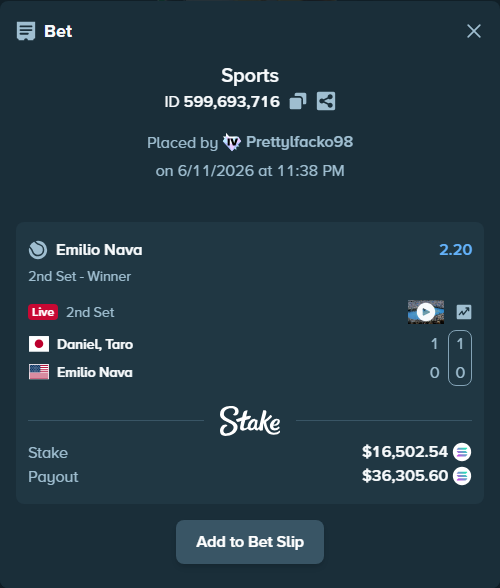 Bet slip: Daniel, Taro - Emilio Nava, $18,523.10 stake at 2.20 odds, placed by Prettylfacko98