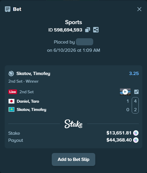 Bet slip: Daniel, Taro - Skatov, Timofey, $15,513.74 stake at 3.25 odds, placed by Prettylfacko98